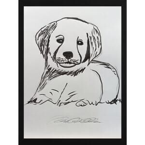 Puppy Dog Black & White OOAK Original Artwork Monochrome 9x12 Inch Ink Drawing